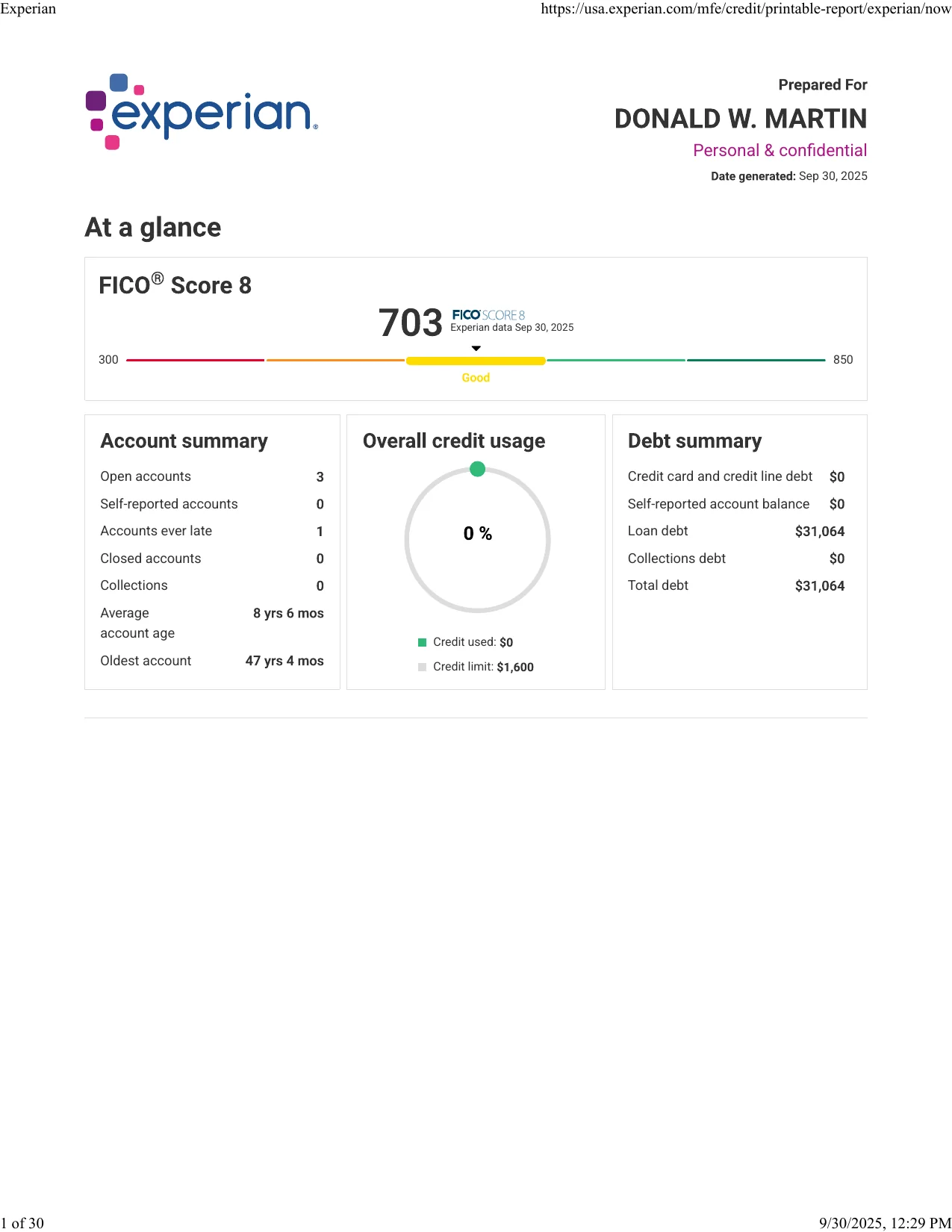 Donald's Experian report after GM Vantage — FICO 703
