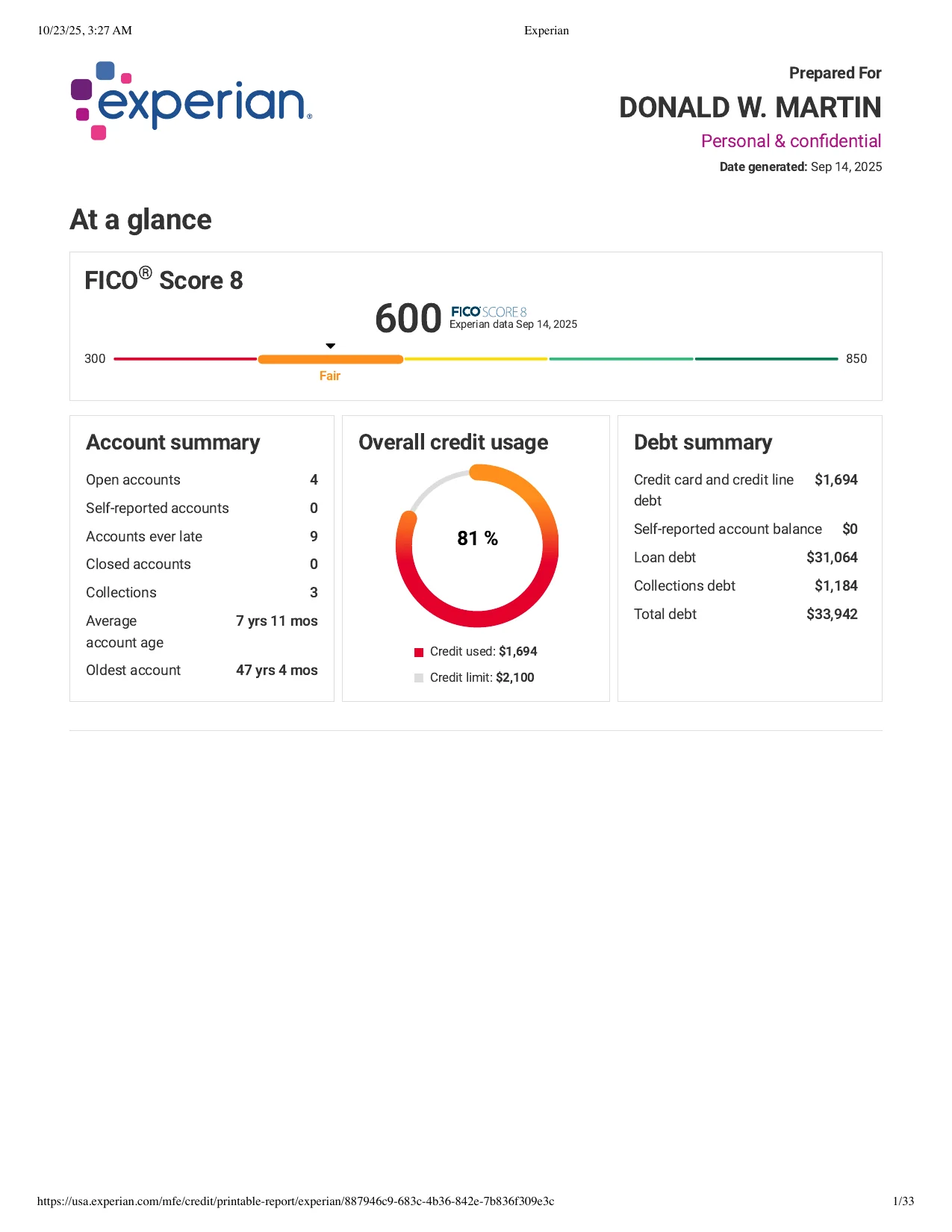 Donald's Experian report before GM Vantage — FICO 600