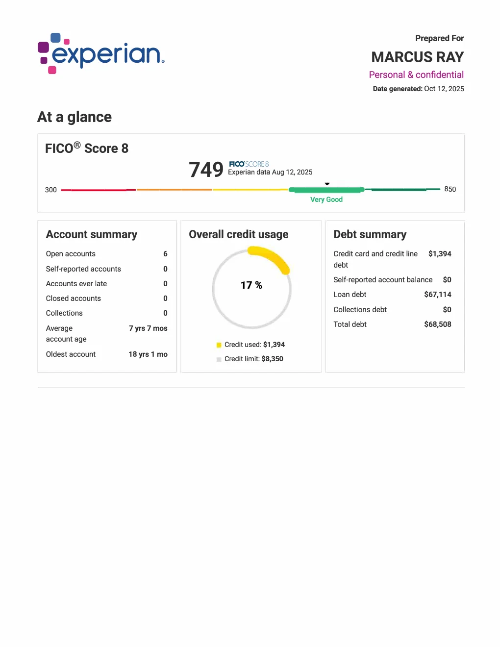 Marcus's Experian report after GM Vantage — FICO 749