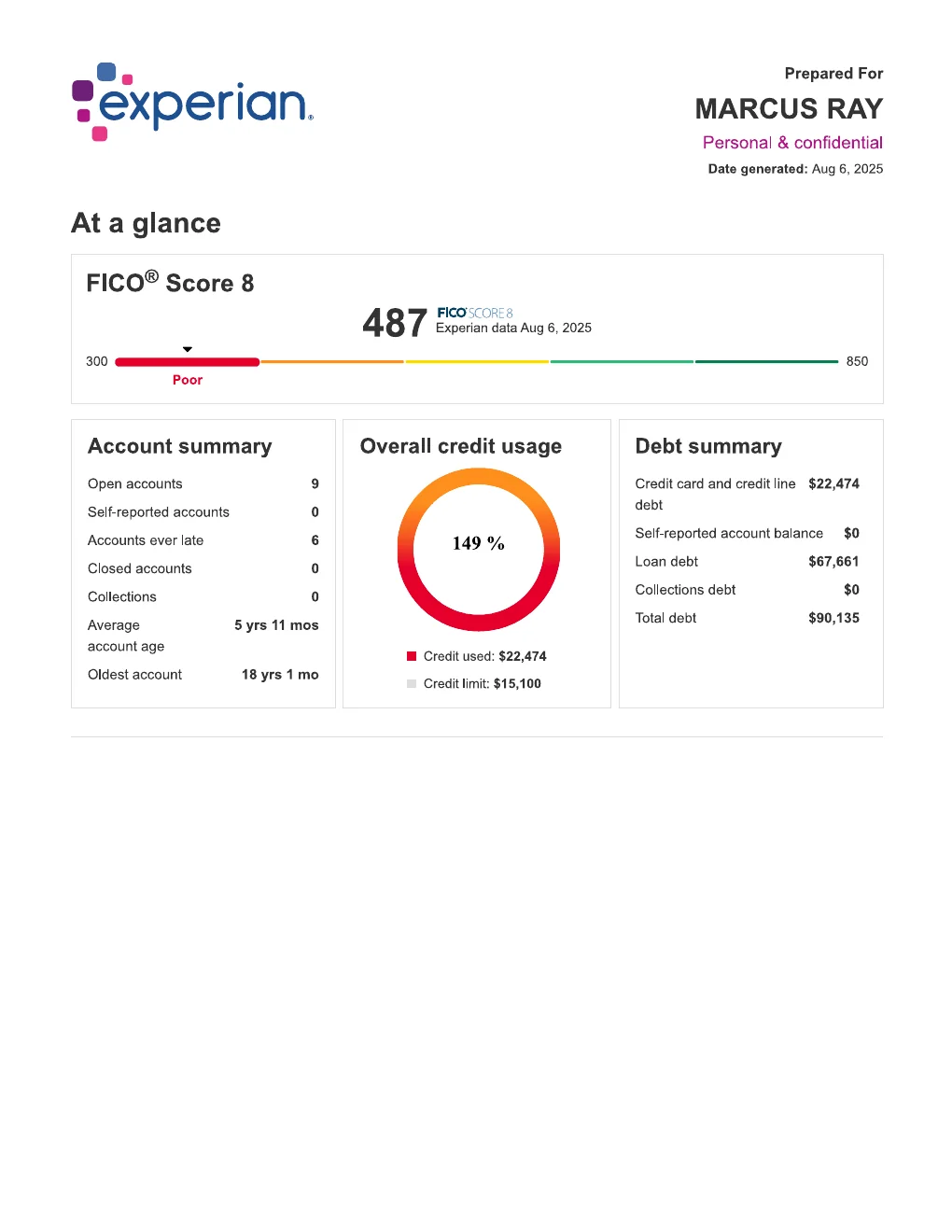 Marcus's Experian report before GM Vantage — FICO 487