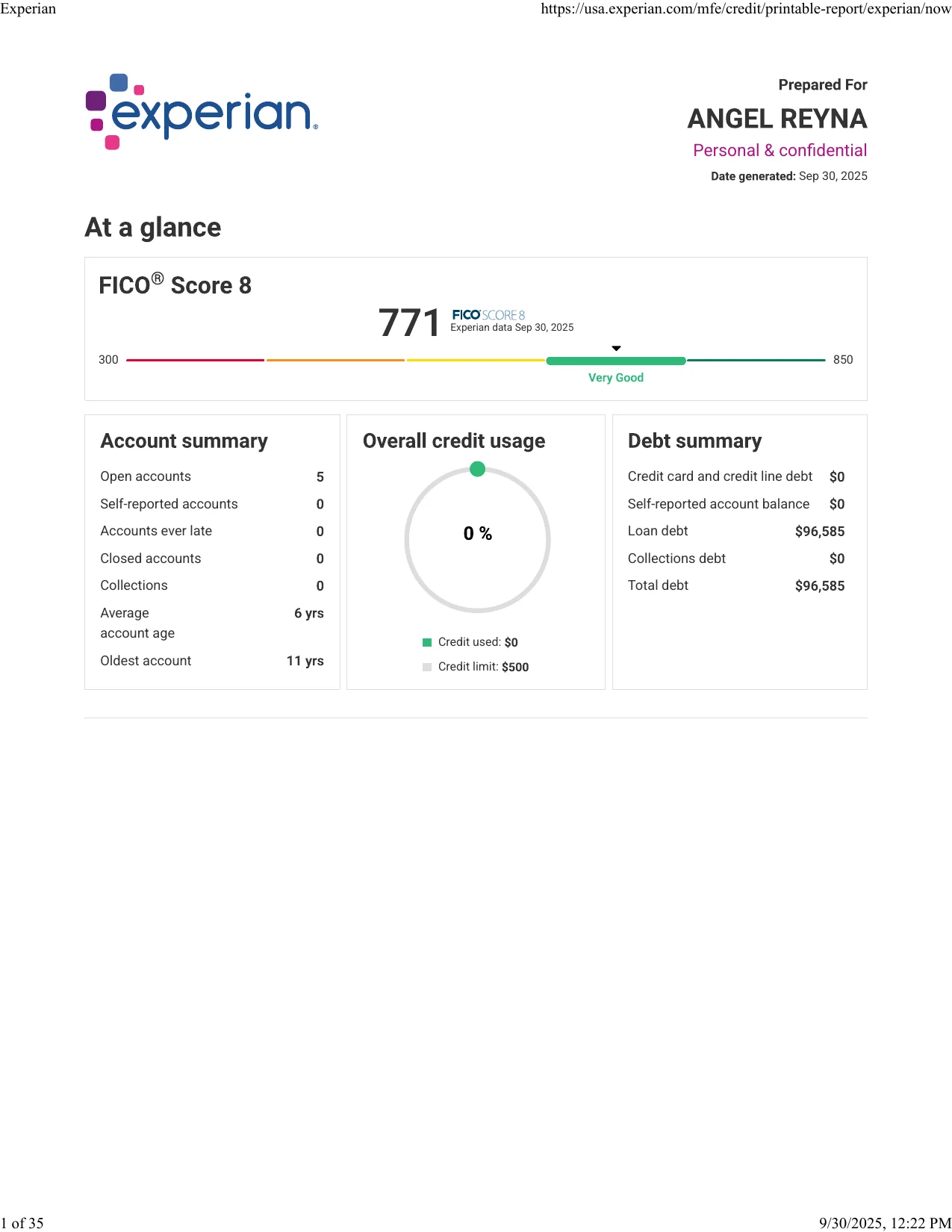 Angel's Experian report after GM Vantage — FICO 771